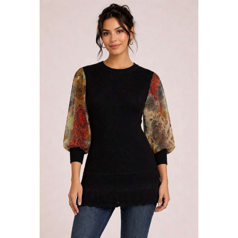 Vintage Y2K Alberto Makali Tunic Sweater Womens M Black Floral Knit